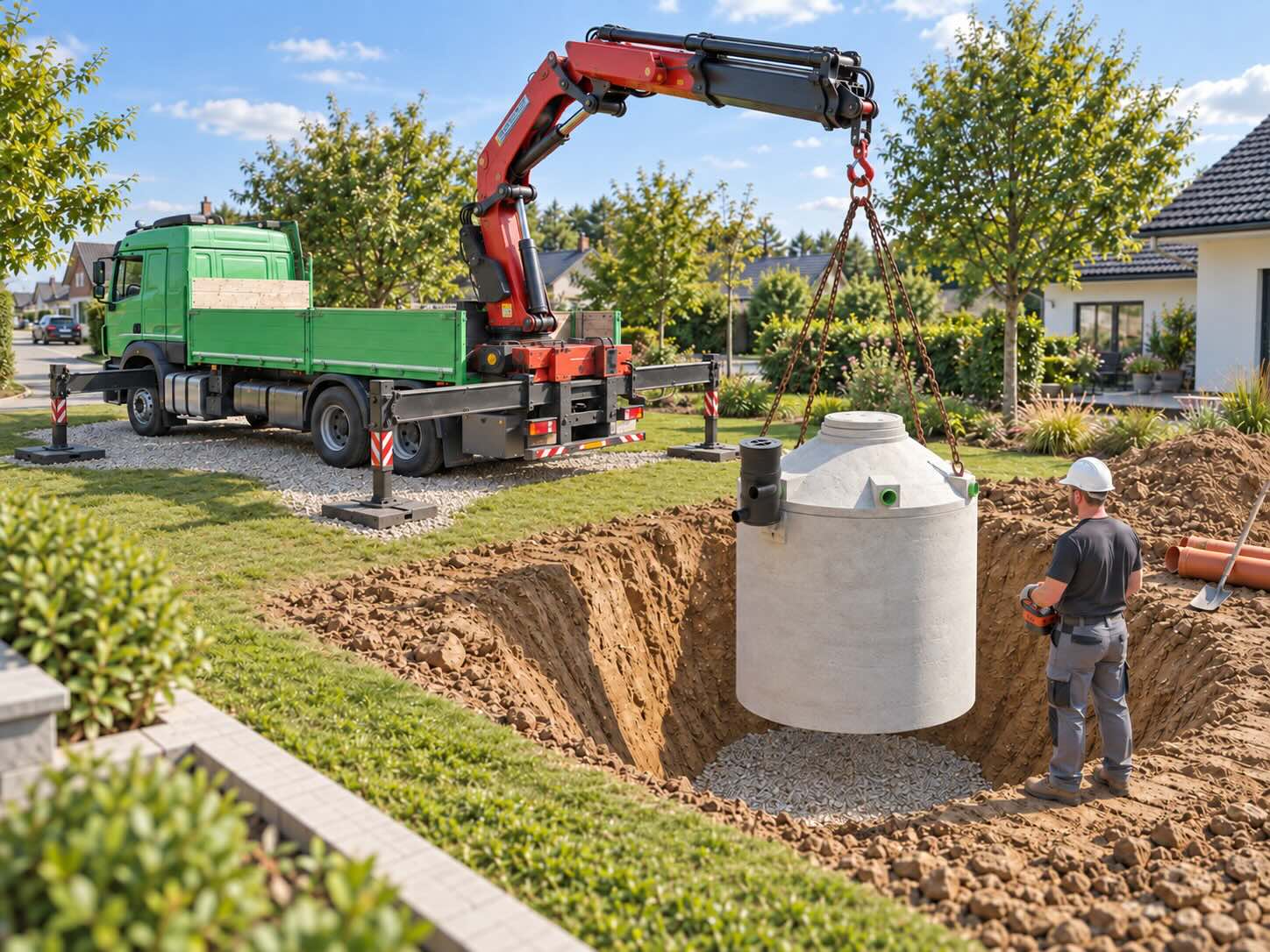 Ein Ladekran setzt die Betonzisterne in die Baugrube