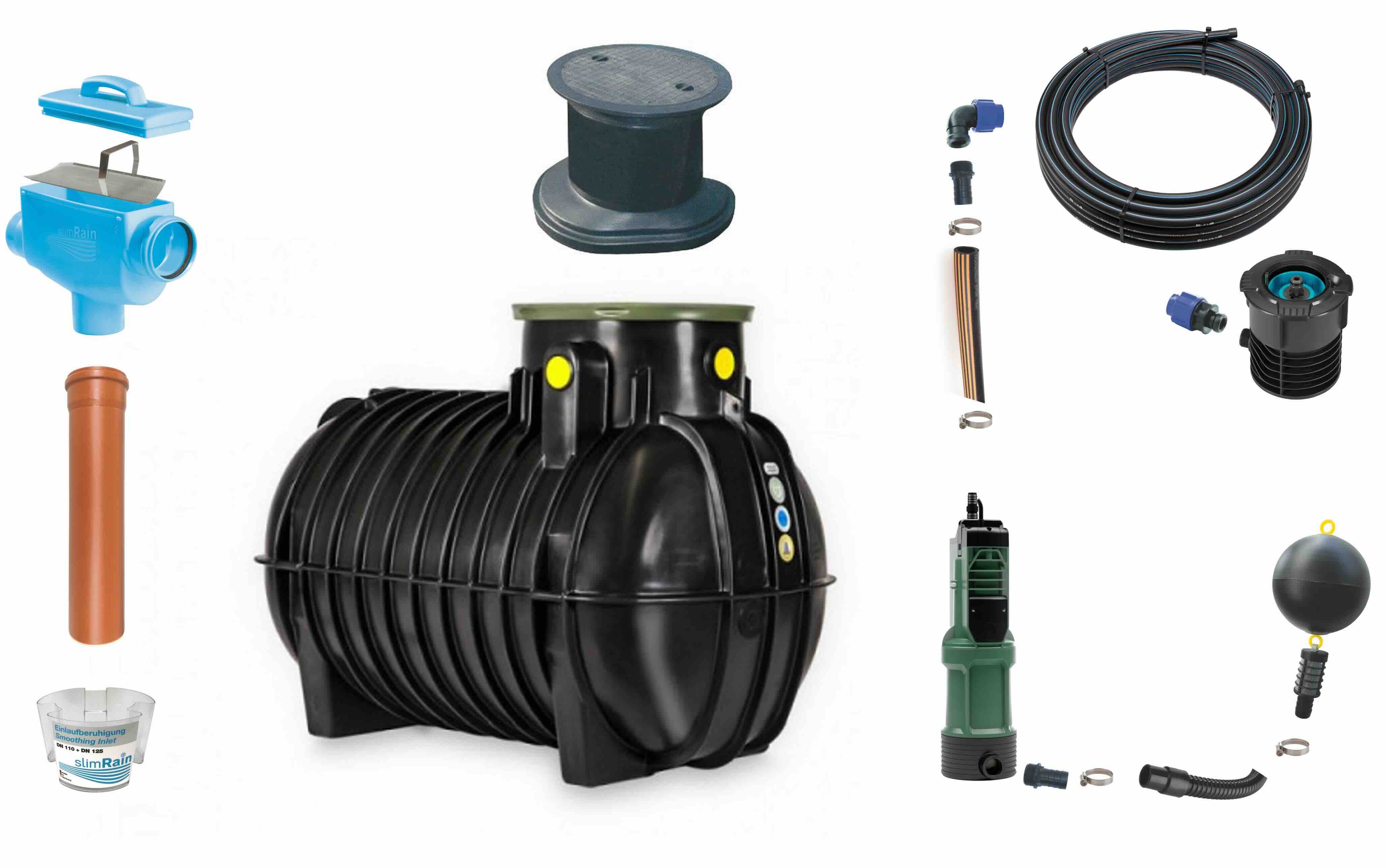 PKW-befahrbares 5.000 l RTMO-Zisternen-Komplettset für Haus und Garten für bis zu 200 m² mit Gartenpaket SlimRain