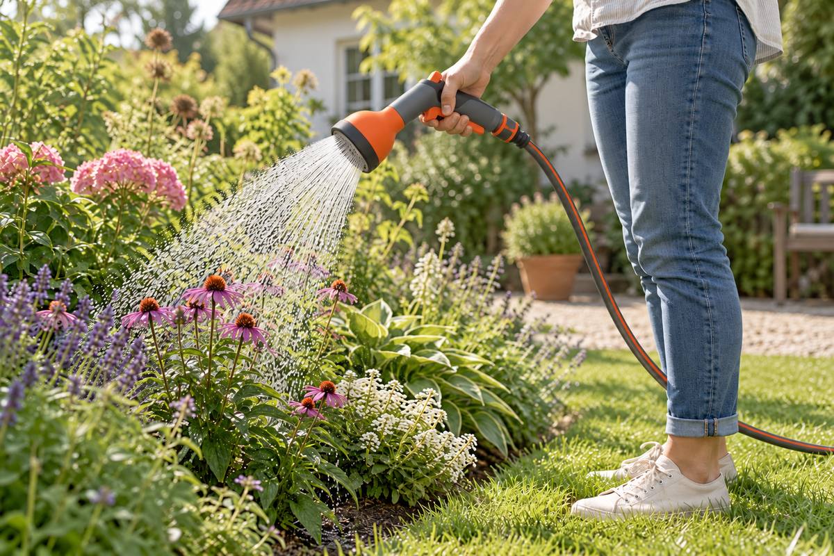 Gartenbeet mit Regenwasser und einer Handbrause gießen