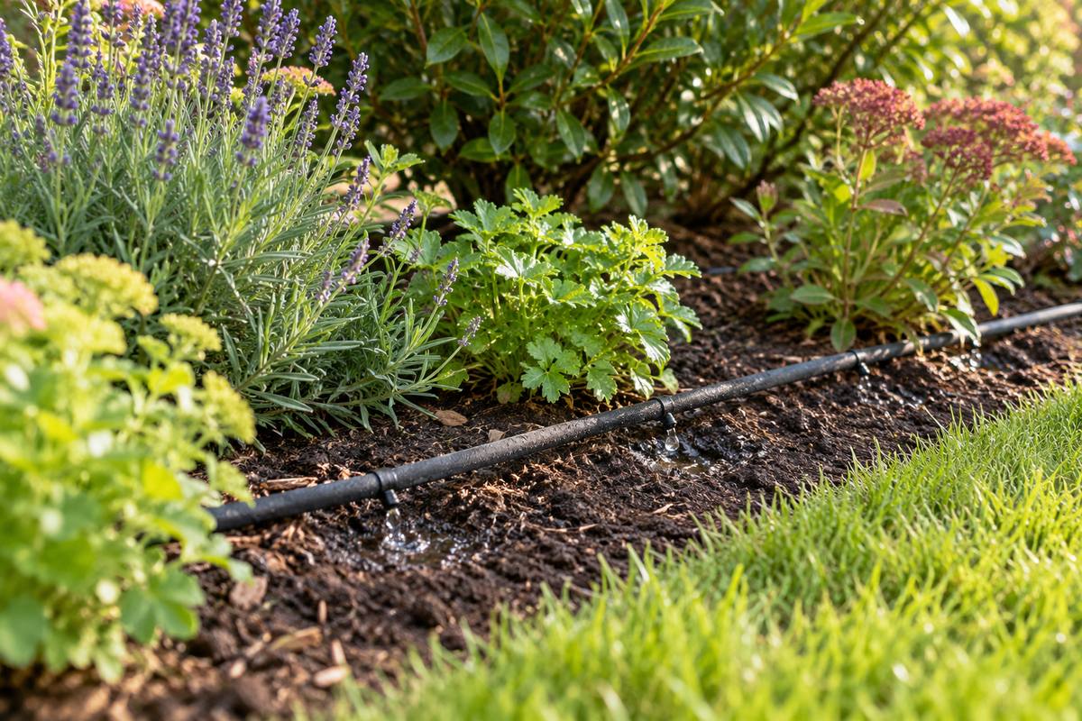 Tropfbewässerung versorgt Pflanzen im Gartenbeet