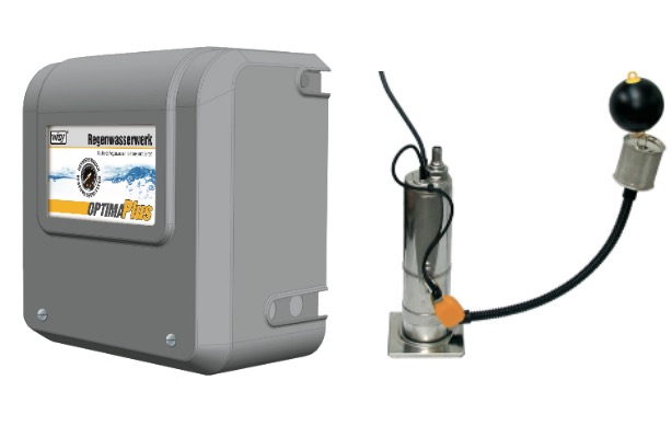 Optima Plus mit Kreiselpumpe im Wandgerät und Unterwasserdruckpumpe Multigo 205 mit schwimmendem Ansaug Feinfilter SAFF und Schwimmerschalter 4 mit offener Haube und Kreiselpumpe im Wandgerät und Unterwasserdruckpumpe Provedo VX mit schw