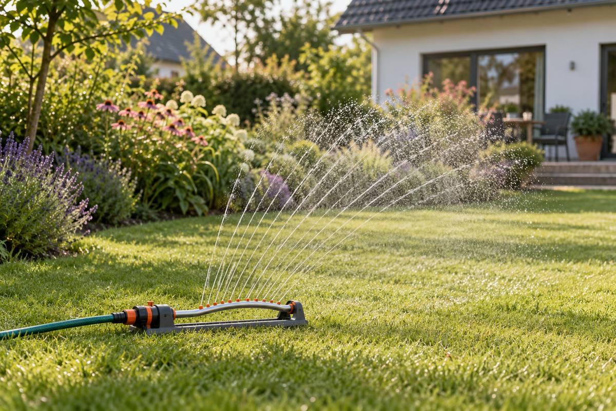 Rasen mit einem an den Gartenschlauch angeschlossenen Rasensprenger bewässern
