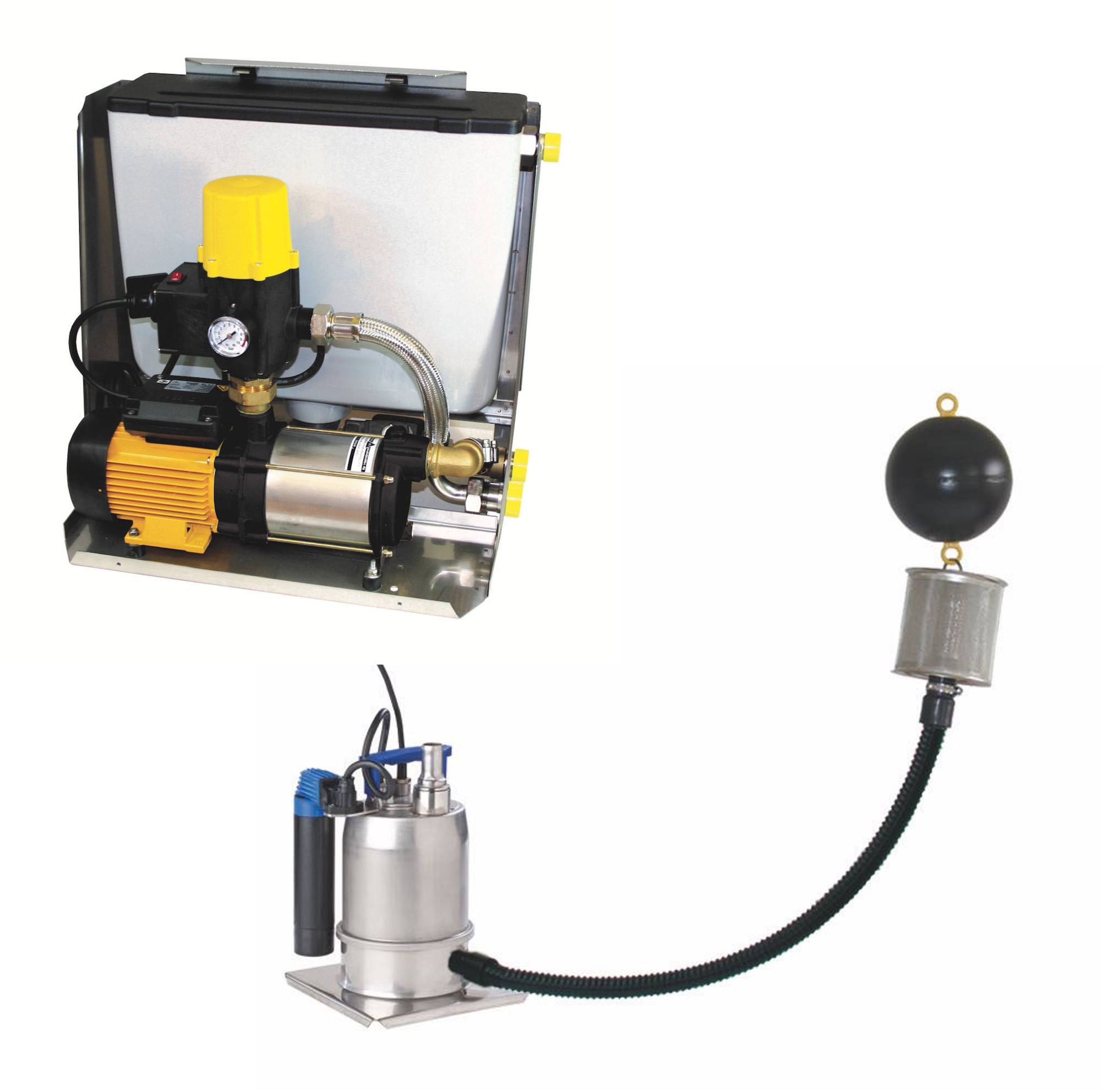 WISY Regenwasserwerk Optima 4 (offenes Wandgerät mit Saugpumpe) und Provedo VX Unterwasserpumpe mit schwimmender Ansaugung.